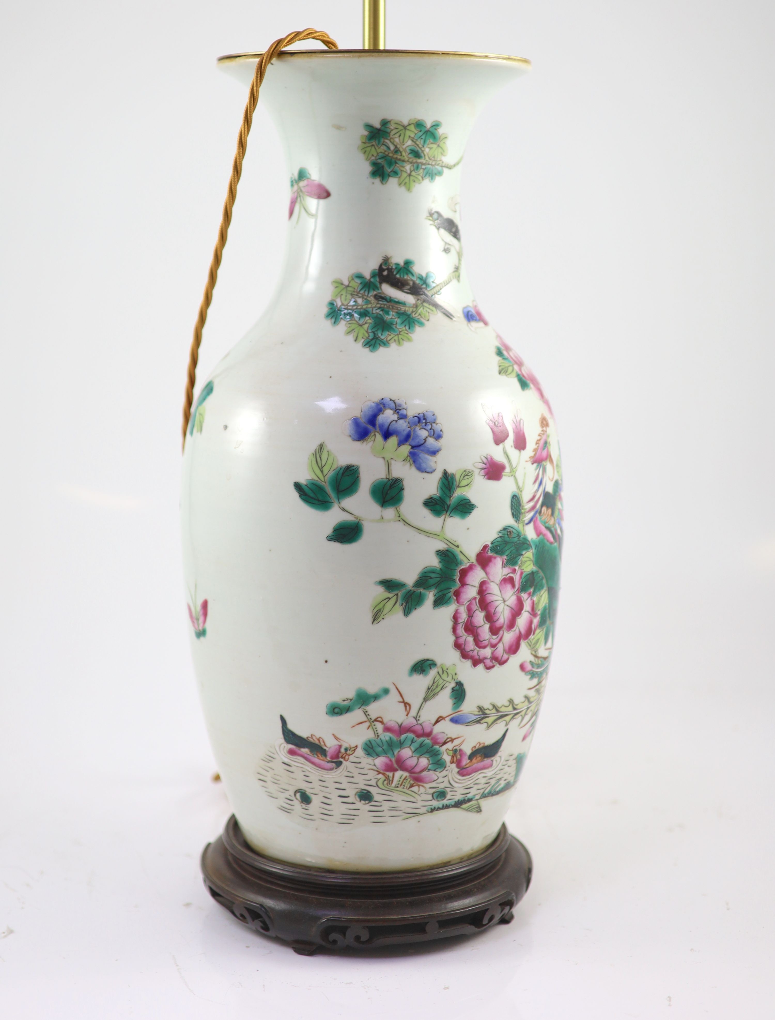 A large Chinese famille rose ‘phoenix’ vase, 19th century, 43.5cm excluding later glued lamp mount